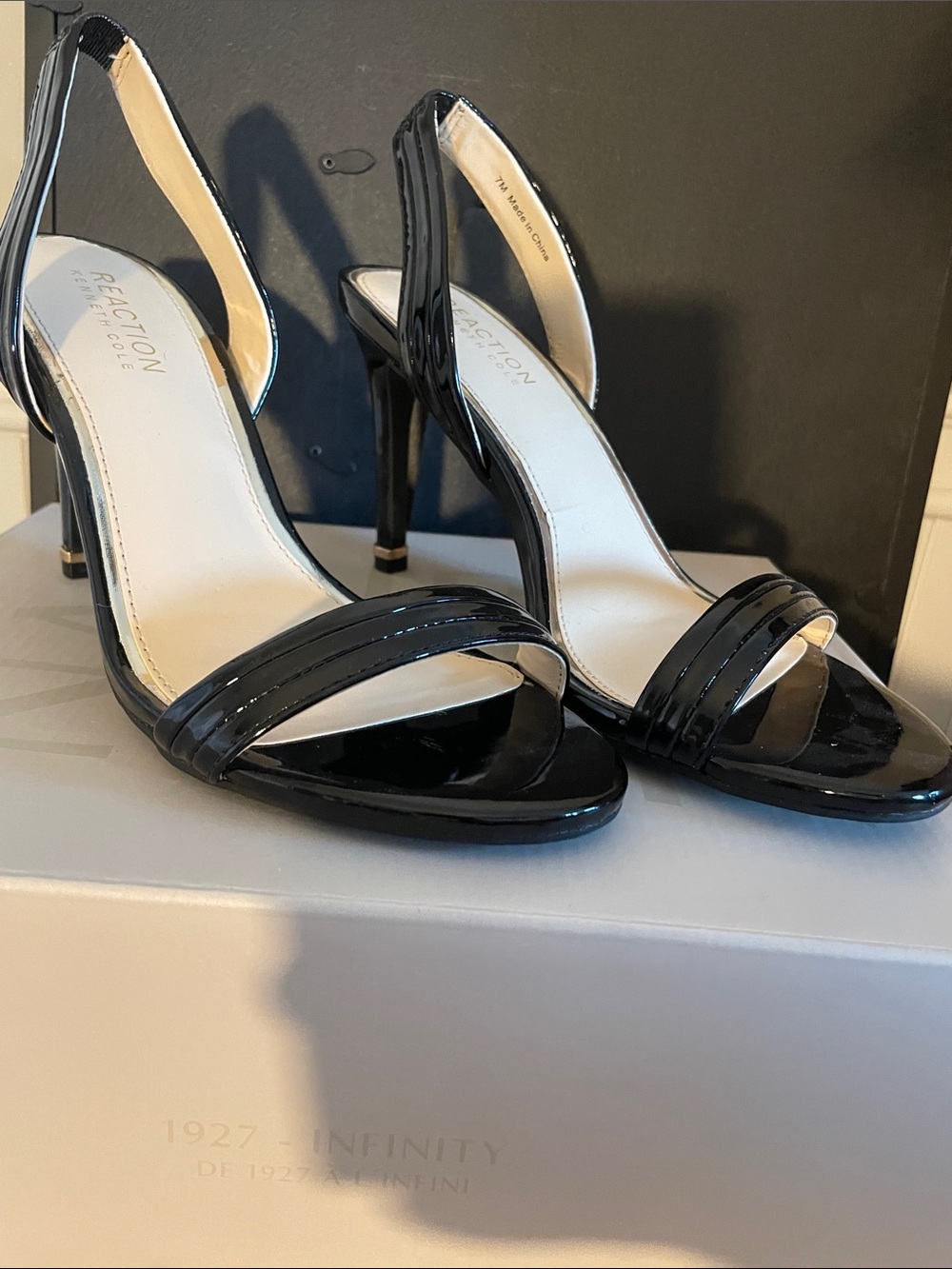 Kenneth Cole Reaction Black Patent Open-Toe Slingback Heels